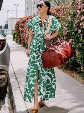 Zara Green cotton and White Leaf-Print Midi Dress